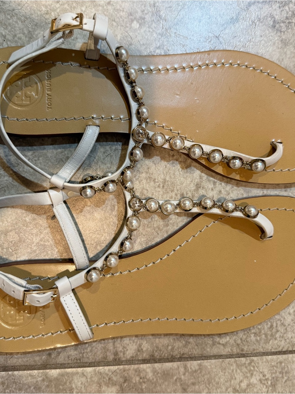 Tory Burch White Pearl-Embellished T-Strap Sandals
